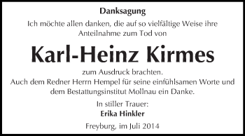 Traueranzeige von Karl-Heinz Kirmes von WVG - Wochenspiegel Merseburg