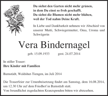 Traueranzeige von Vera Bindemagel von WVG - Wochenspiegel Merseburg