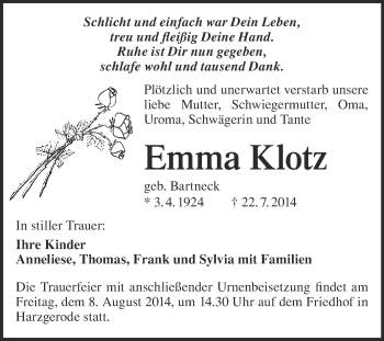 Traueranzeige von Emma Klotz von WVG - Wochenspiegel Quedlinburg