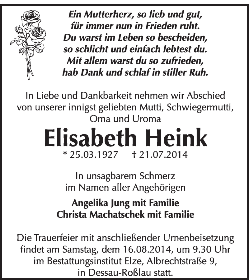 Traueranzeige für Elisabeth Heink vom 03.08.2014 aus Super Sonntag Dessau / Köthen