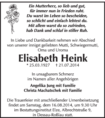 Traueranzeige von Elisabeth Heink von Super Sonntag Dessau / Köthen