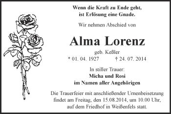 Traueranzeige von Alma Lorenz von WVG - Wochenspiegel NMB / WSF / ZTZ