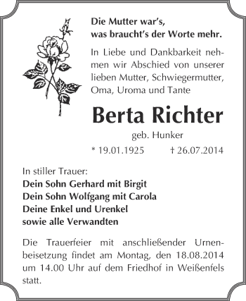 Traueranzeige von Berta Richter von WVG - Wochenspiegel NMB / WSF / ZTZ