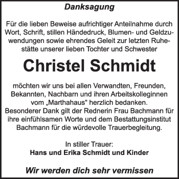 Traueranzeige von Christel Schmidt von Super Sonntag Dessau / Köthen