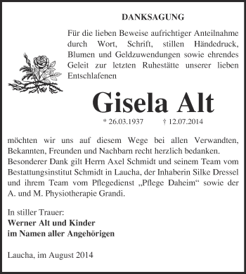 Traueranzeige von Gisela Alt von WVG - Wochenspiegel NMB / WSF / ZTZ