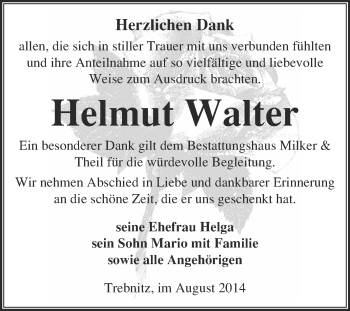 Traueranzeige von Helmut Walter von WVG - Wochenspiegel NMB / WSF / ZTZ