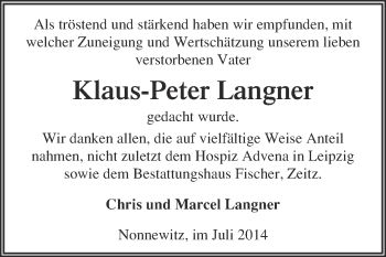Traueranzeige von Klaus-Peter Langner von WVG - Wochenspiegel NMB / WSF / ZTZ