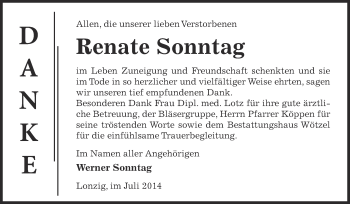 Traueranzeige von Renate Sonntag von Super Sonntag Zeitz