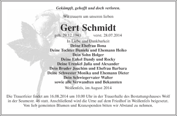 Traueranzeige von Gert Schmidt von WVG - Wochenspiegel NMB / WSF / ZTZ