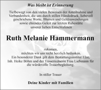 Traueranzeige von Ruth Melanie Hammermann von Super Sonntag Dessau / Köthen
