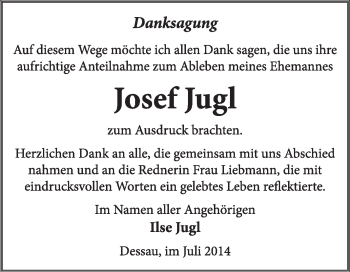 Traueranzeige von Josef Jugl von Super Sonntag Dessau / Köthen
