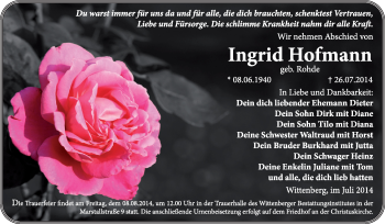 Traueranzeige von Ingrid Hofmann von WVG - Wochenspiegel Wittenberg