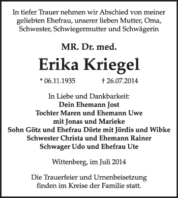 Traueranzeige von Erika Kriegel von WVG - Wochenspiegel Wittenberg