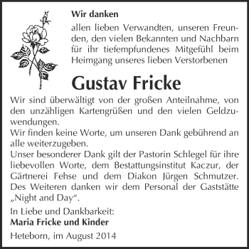 Traueranzeige von Gustav Fricke von WVG - Wochenspiegel Quedlinburg