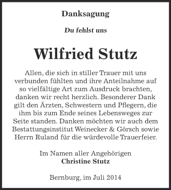Traueranzeige von Wilfried Stutz von Super Sonntag Bernburg
