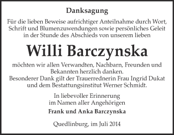 Traueranzeige von Willi Barczynska von WVG - Wochenspiegel Quedlinburg