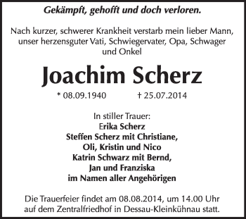 Traueranzeige von Joachim Scherz von Super Sonntag Dessau / Köthen