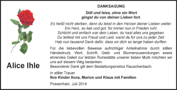 Traueranzeige von Alice Ihle von WVG - Wochenspiegel NMB / WSF / ZTZ