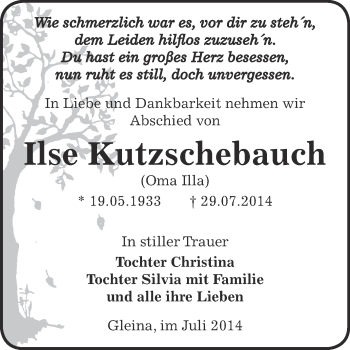 Traueranzeige von lse Kutzschebauch von Super Sonntag Zeitz