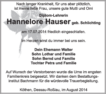 Traueranzeige von Hannelore Hauser von Super Sonntag Dessau / Köthen