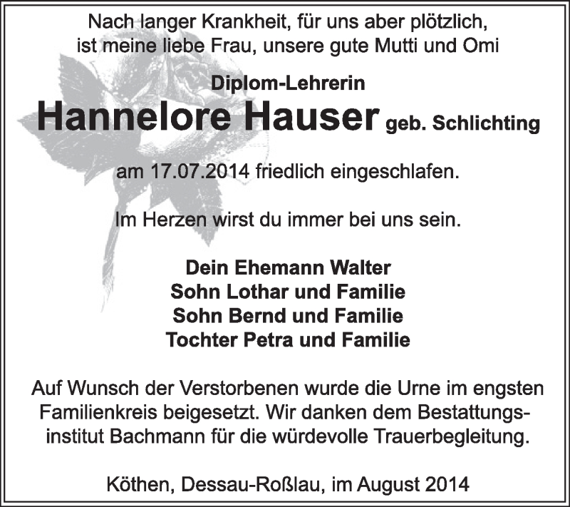  Traueranzeige für Hannelore Hauser vom 03.08.2014 aus Super Sonntag Dessau / Köthen