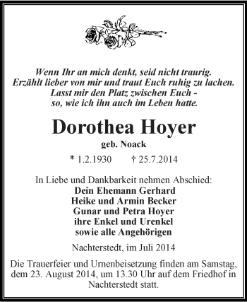 Traueranzeige von Dorothea Hoyer von Super Sonntag Aschersleben