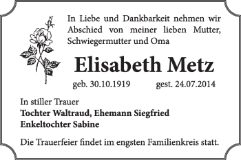 Traueranzeige von Elisabeth Metz von Super Sonntag Dessau / Köthen