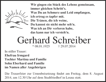 Traueranzeige von Gerhard Schreiber von WVG - Wochenspiegel Merseburg