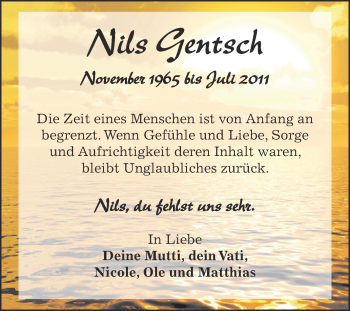 Traueranzeige von Nils Gentsch von Super Sonntag Zeitz