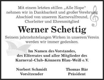 Traueranzeige von Werner Schettig von Super Sonntag Bernburg