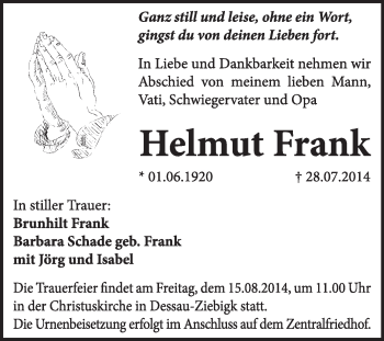 Traueranzeige von Helmut Frank von Super Sonntag Dessau / Köthen