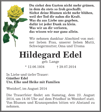 Traueranzeige von Hildegard Edel von WVG - Wochenspiegel Aschersleben