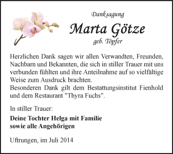 Traueranzeige von Marta Götze von Super Sonntag SGH Mansf. Land