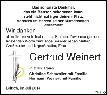 Traueranzeige von Gertrud Weinert von Super Sonntag Zeitz