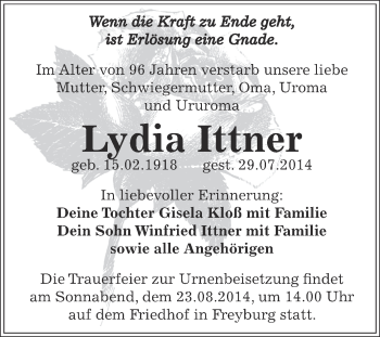 Traueranzeige von Lydia Ittner von Super Sonntag Zeitz