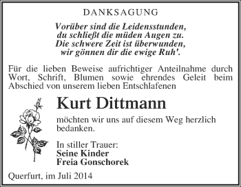 Traueranzeige von Kurt Dittmann von WVG - Wochenspiegel Merseburg