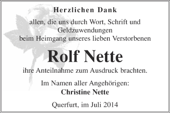 Traueranzeige von Rolf Nette von WVG - Wochenspiegel Merseburg