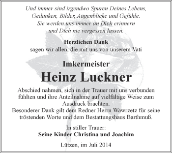 Traueranzeige von Heinz Luckner von WVG - Wochenspiegel Merseburg