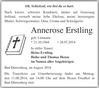 Traueranzeige von Annerose Erstling von Super Sonntag Merseburg