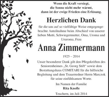 Traueranzeige von Anna Zimmermann von WVG - Wochenspiegel NMB / WSF / ZTZ