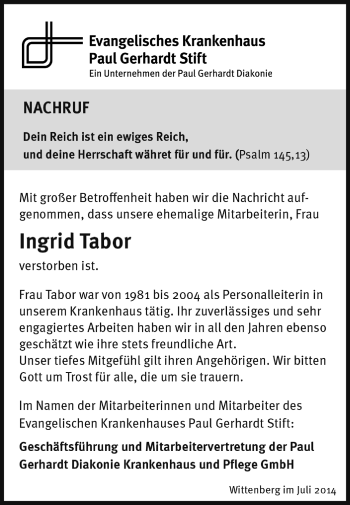 Traueranzeige von Ingird Tabor von Super Sonntag Wittenberg