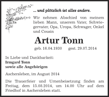 Traueranzeige von Artur Tonn von Super Sonntag Aschersleben
