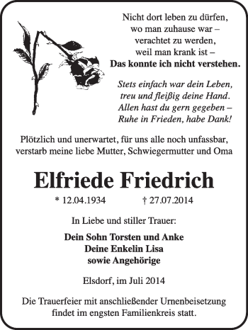 Traueranzeige von Elfriede Friedrich von Super Sonntag Dessau / Köthen