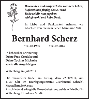 Traueranzeige von Bernhard Scherz von WVG - Wochenspiegel Wittenberg