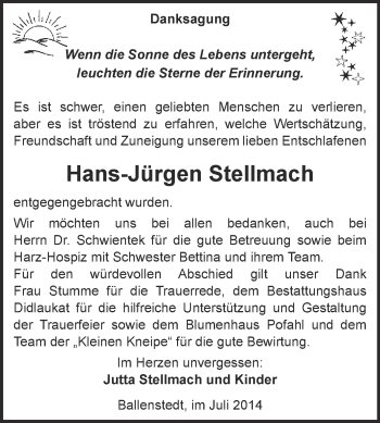 Traueranzeige von Hans-Jürgen Stellmach von WVG - Wochenspiegel Quedlinburg
