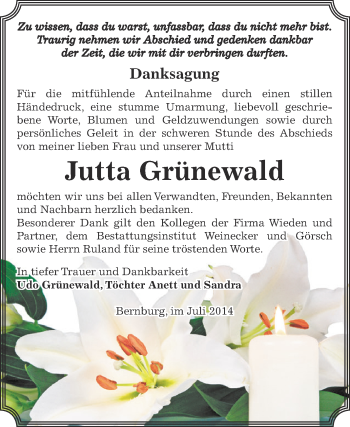 Traueranzeige von Jutta Grünewald von Super Sonntag Bernburg