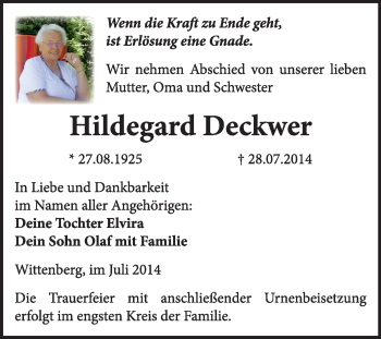 Traueranzeige von Hildegard Deckwer von WVG - Wochenspiegel Wittenberg