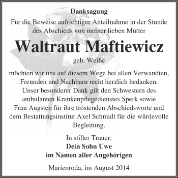 Traueranzeige von Waltraut Maftiewicz von WVG - Wochenspiegel NMB / WSF / ZTZ