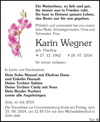 Traueranzeige von Karin Wegner von Super Sonntag Zeitz