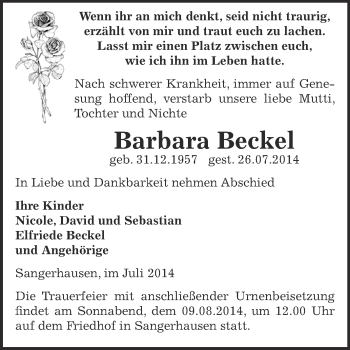 Traueranzeige von Barbara Beckel von Super Sonntag SGH Mansf. Land